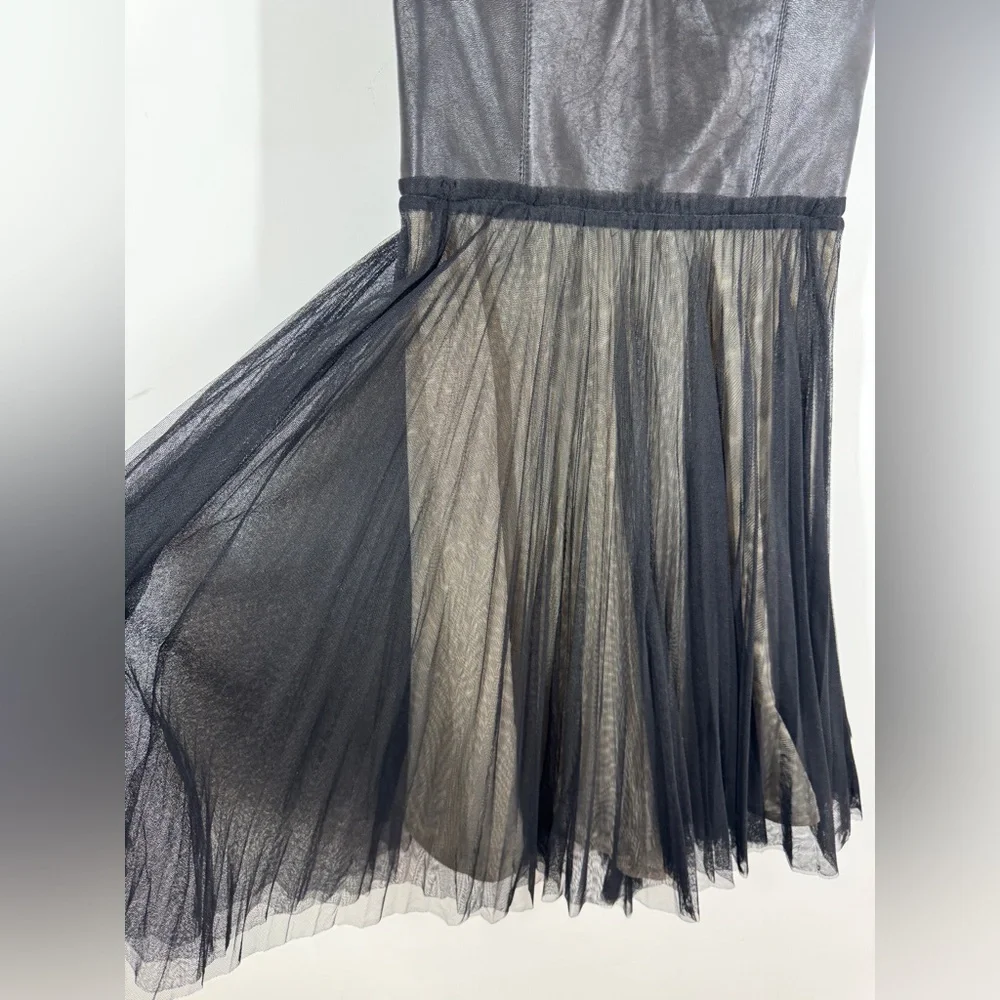 Alice + Olivia Leather Tulle Dress Black Fit Flare Party Mini Size 6 Dark Goth - Picture 3 of 15